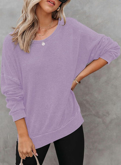 Waffle Split Hem Sweatshirt Women Casual Long Sleeve Top
