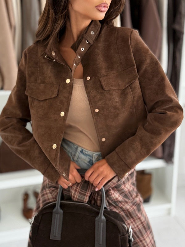 Women's Faux Suede Button Front Crop Jacket