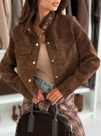 Women's Faux Suede Button Front Crop Jacket