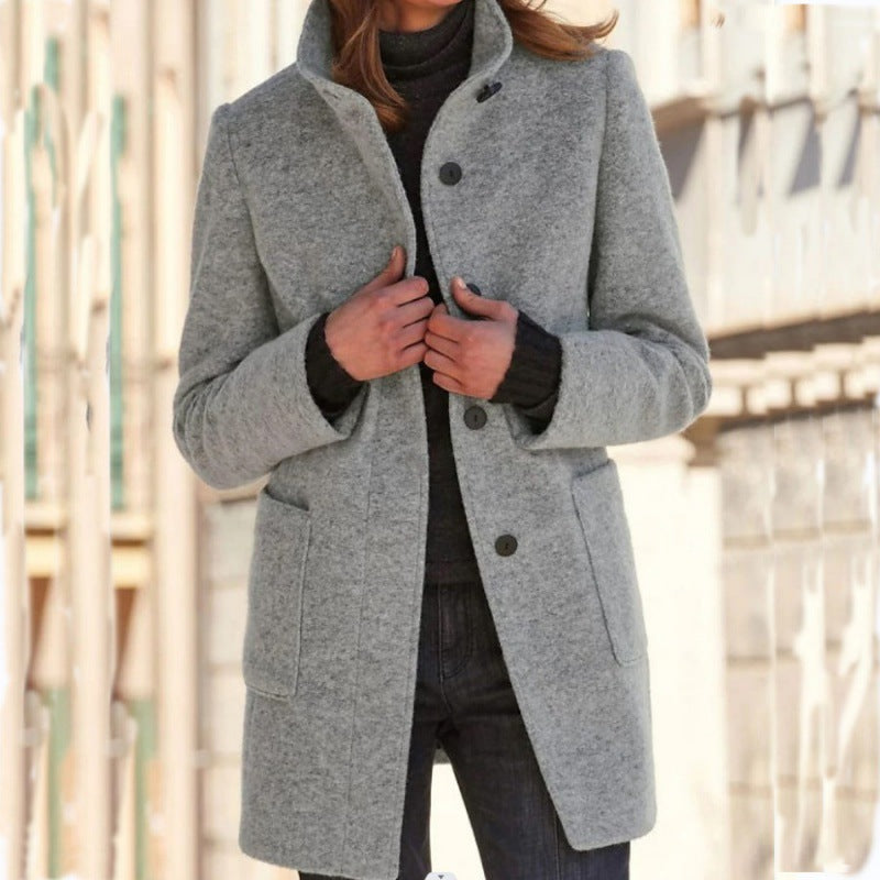 Women's Vintage Wool Blend Stand Collar Button Coat