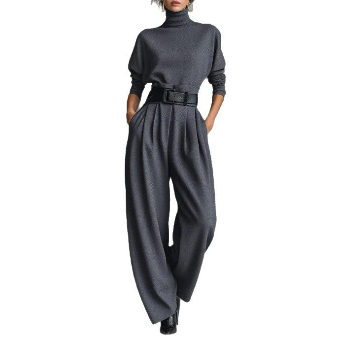 Women's Turtleneck Wide Leg Pants Two Piece Set with Belt