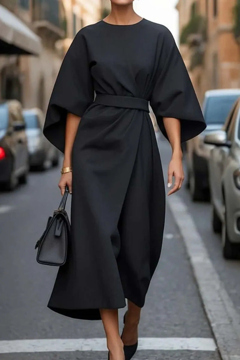 Elegant Batwing Sleeve Tie Waist Maxi Dress