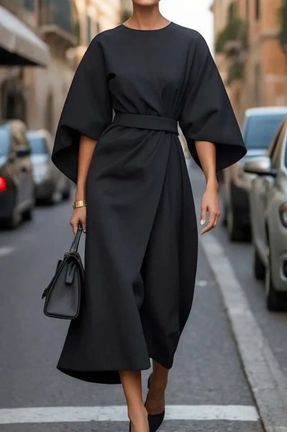 Elegant Batwing Sleeve Tie Waist Maxi Dress