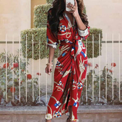 Women's V Neck Tie Front Long Sleeve Maxi Dress