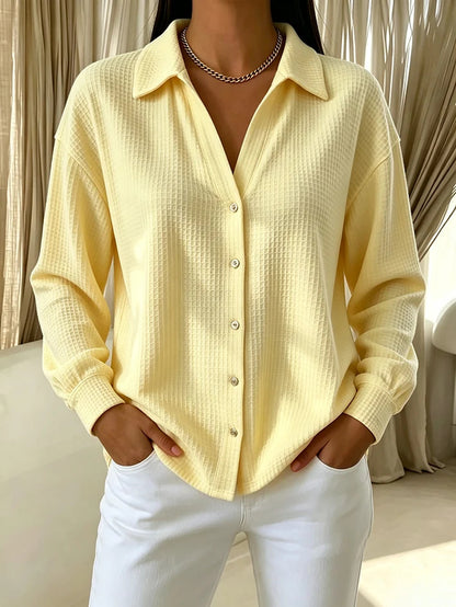 Women's Waffle Knit V Neck Button Down Shirt Long Sleeve