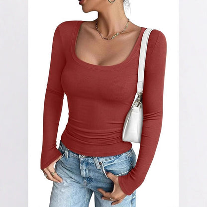 Women's Square Neck Ribbed Long Sleeve Fitted Top