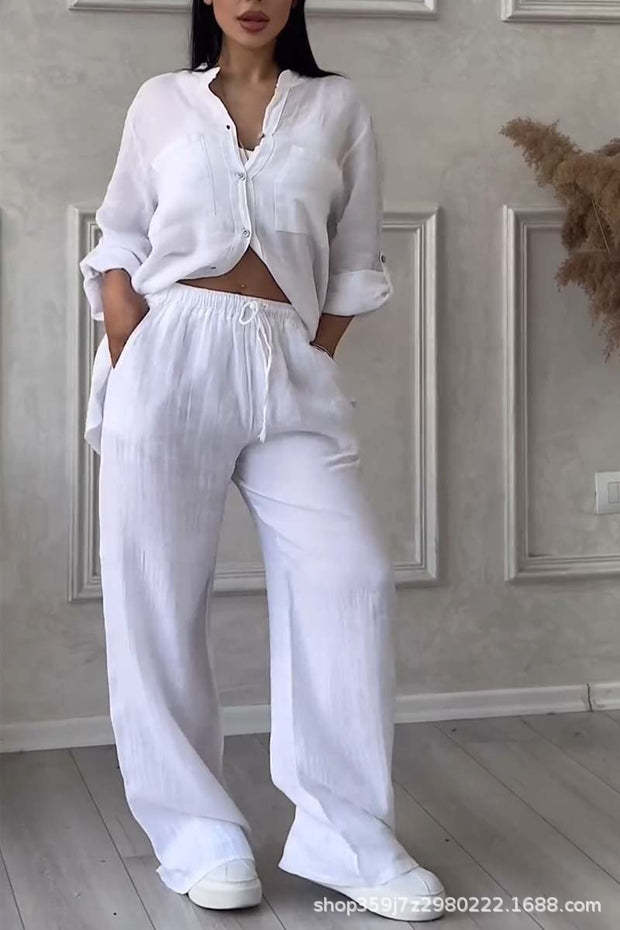 Women's Linen Shirt and Wide Leg Pants Matching Set