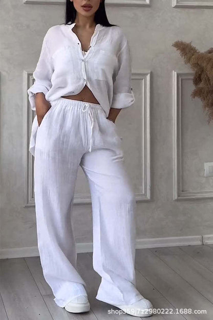 Women's Linen Shirt and Wide Leg Pants Matching Set