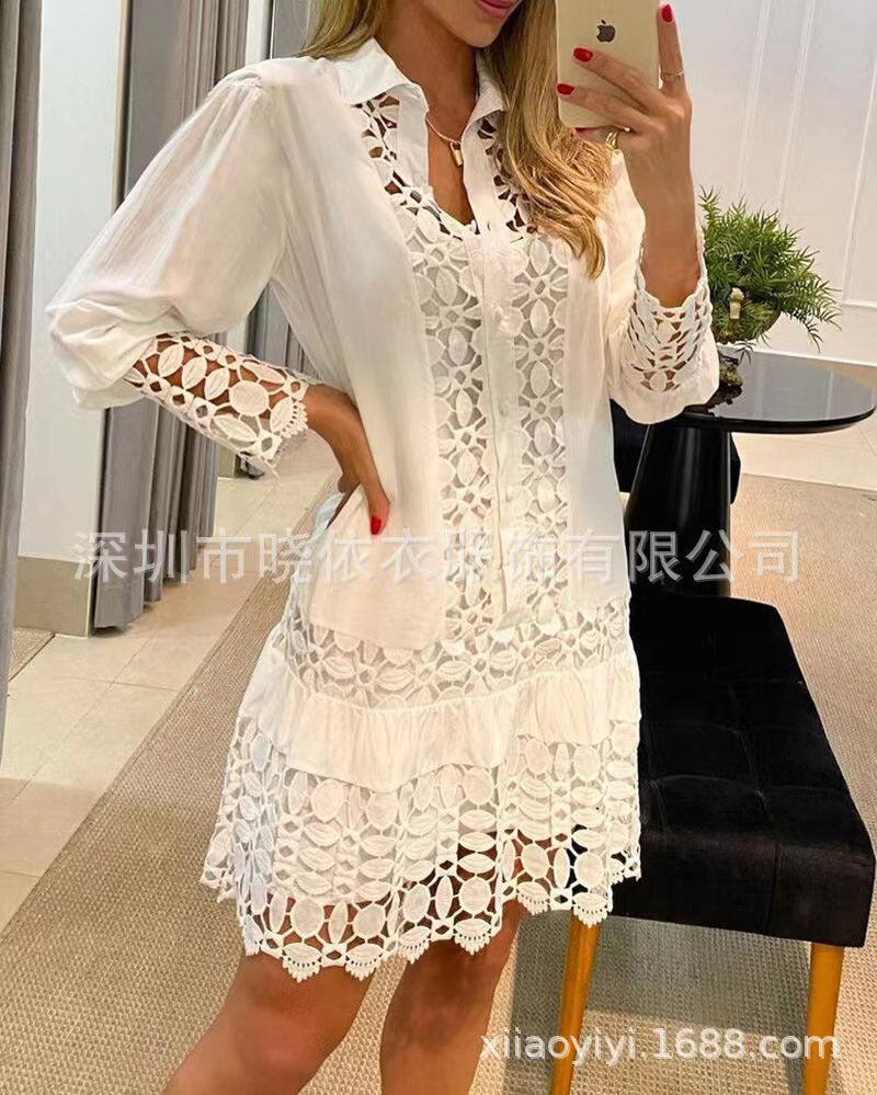 Women's Lace Long Sleeve Collared Shirt Dress