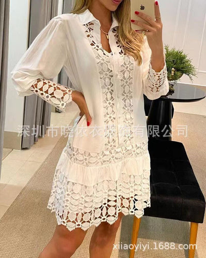 Women's Lace Long Sleeve Collared Shirt Dress