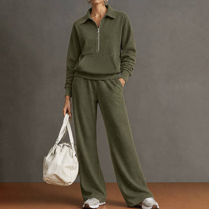 Women's Quarter Zip Sweatshirt Wide Leg Pants 2 Piece Set