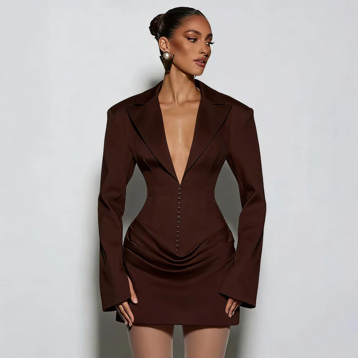Women's Deep V-Neck Long Sleeve Blazer Dress Bodycon Mini