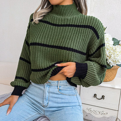 2025 Fall/Winter Casual Striped Lantern Sleeve Knit Sweater