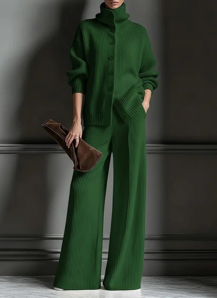 Women's Knit Turtleneck Cardigan Wide Leg Pants Set
