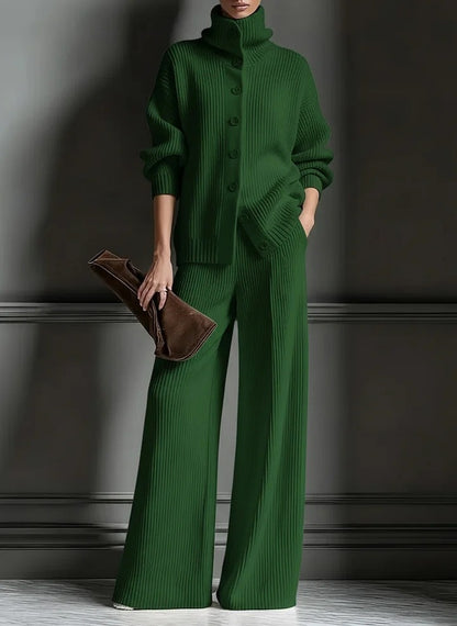 Women's Knit Turtleneck Cardigan Wide Leg Pants Set