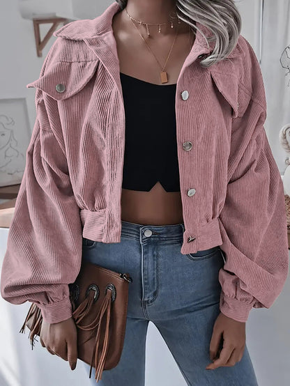 Womens Corduroy Cropped Jacket Balloon Sleeve Oversized