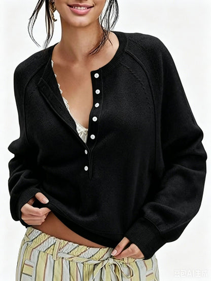 Women's Oversized Henley Sweater Button Front Knit Pullover