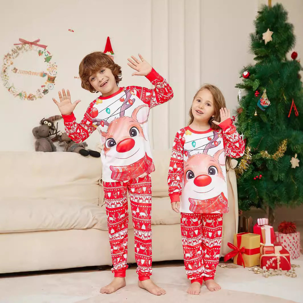 Parent-child Loungewear Deer Print Crew Neck Long-sleeved Christmas Pajama Set