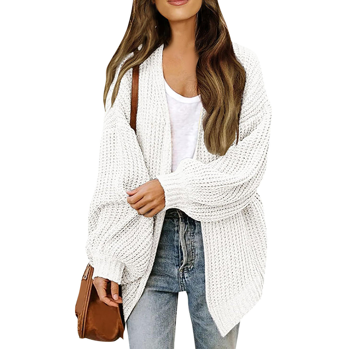 Women's Chunky Knit Balloon Sleeve Open Front Cardigan