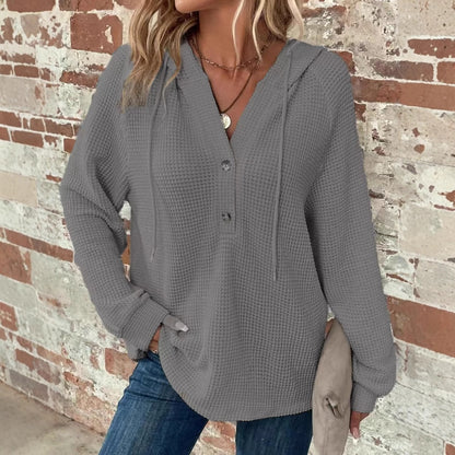 Women's Oversized Waffle Knit Hoodie V Neck Button Pullover