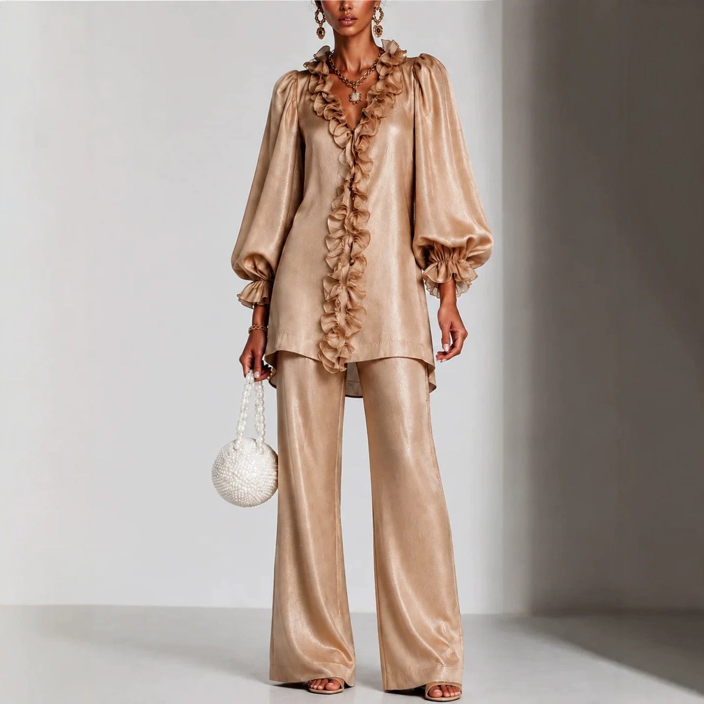Women's Ruffle V-Neck Puff Sleeve Wide Leg Pants Set