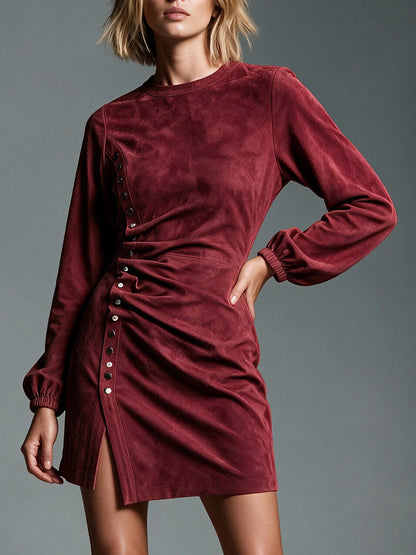 Women's Faux Suede Ruched Long Sleeve Bodycon Dress