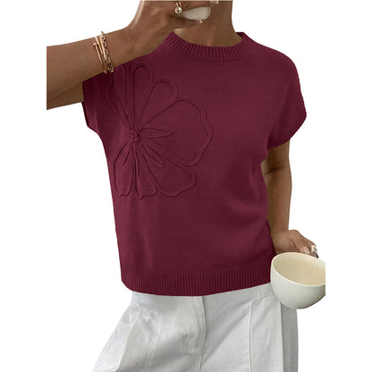 Floral Knit Sweater Short Sleeve Textured Summer Top