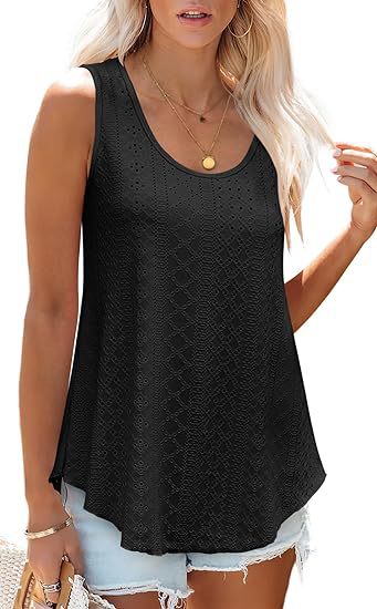 Eyelet Knit Tank Top Sleeveless Loose Fit Summer Top