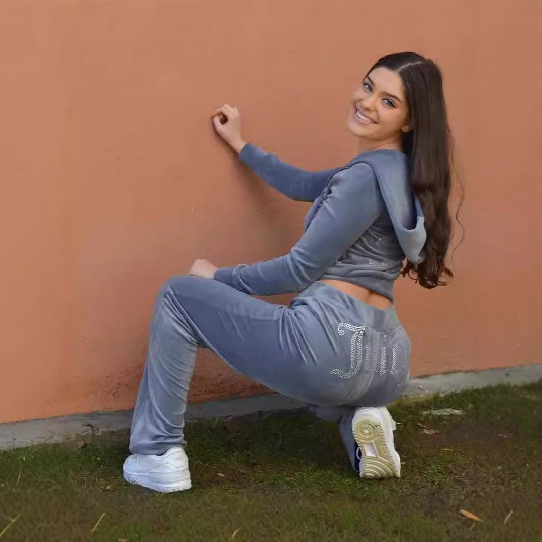 Y2K Rhinestone Velour Tracksuit 2 Piece Matching Set