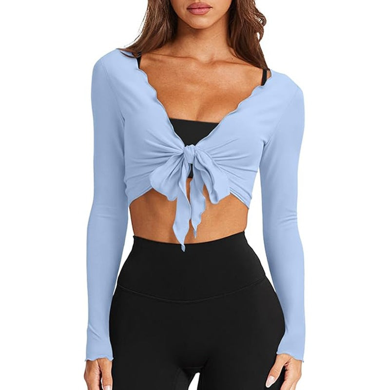 Women's V Neck Wrap Crop Top Long Sleeve Lettuce Trim Knit