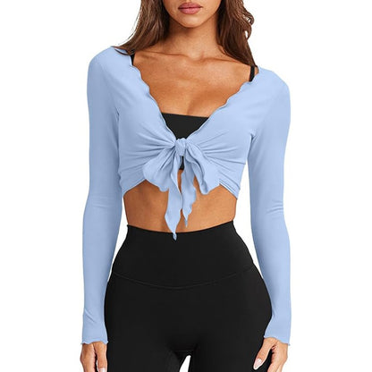 Women's V Neck Wrap Crop Top Long Sleeve Lettuce Trim Knit