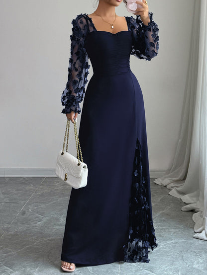 Square Neck Floral Applique Mesh Sleeve Maxi Dress