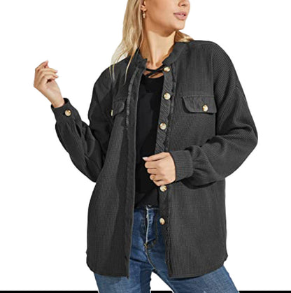 Women's Waffle Texture Button Front Pocket Shacket
