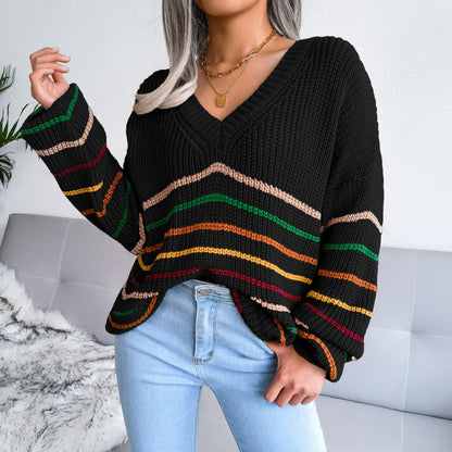 Women's Rainbow Striped Casual Loose Sweater