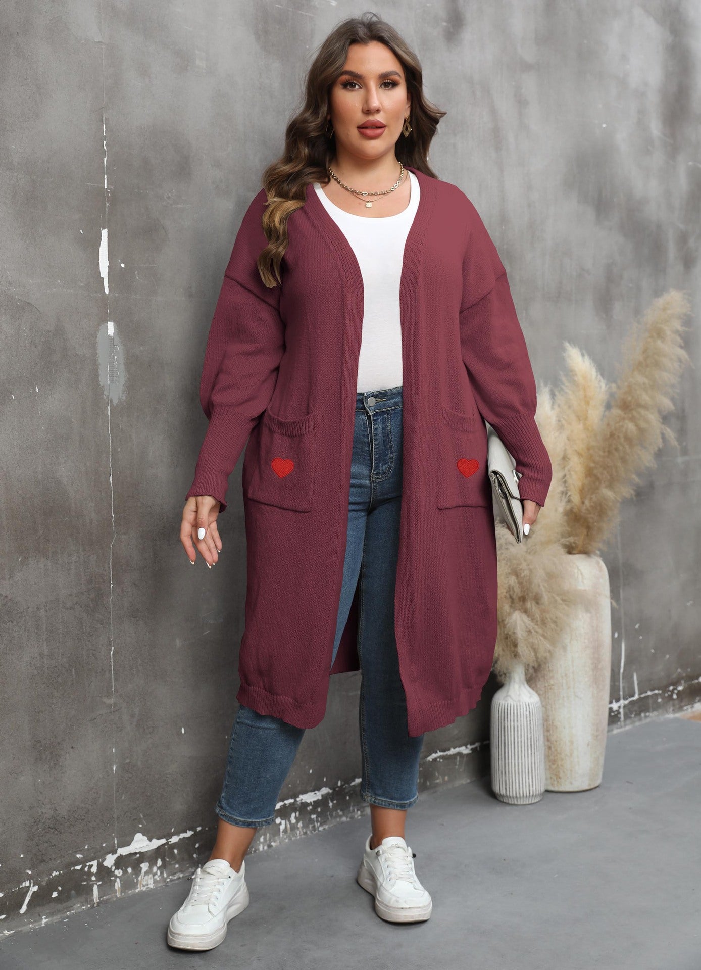Women's Loose Medium and Long Double Pocket Lantern Sleeve Sweater Cardigan Jacket