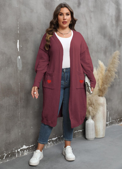 Women's Loose Medium and Long Double Pocket Lantern Sleeve Sweater Cardigan Jacket