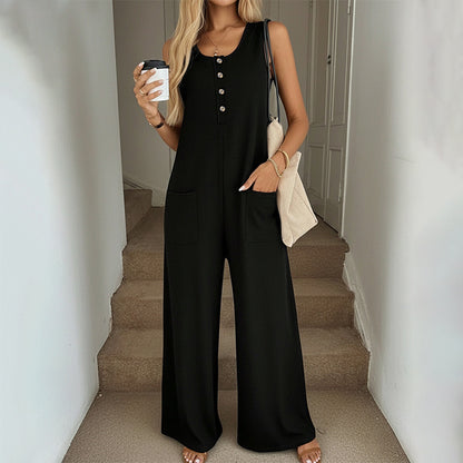 Sleeveless Button Front Wide Leg Jumpsuit with Pockets