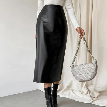 PU Leather Midi Skirt High Waist Side Slit Slim Fit