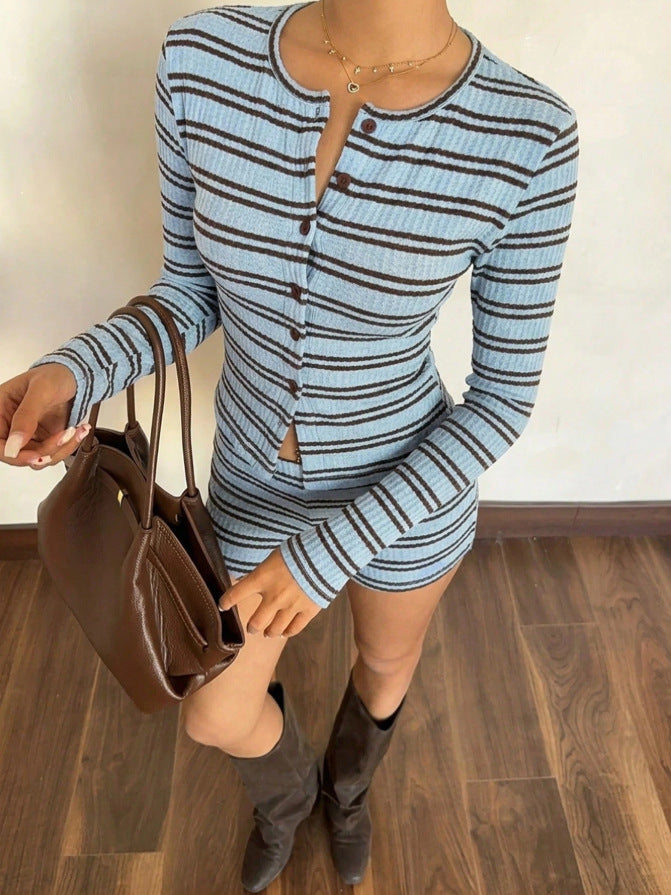 Brown Blue Stripe Knit Cardigan Set Slim Fit Long Sleeve Shorts