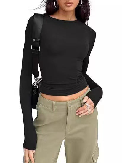 Women's Fitted Long Sleeve Crop Top Round Neck Basic Tee