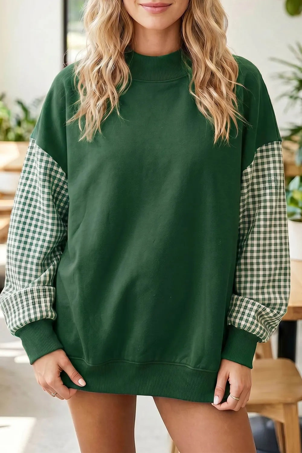 Plaid Sleeve Oversized Mock Neck Fleece Sweatshirt