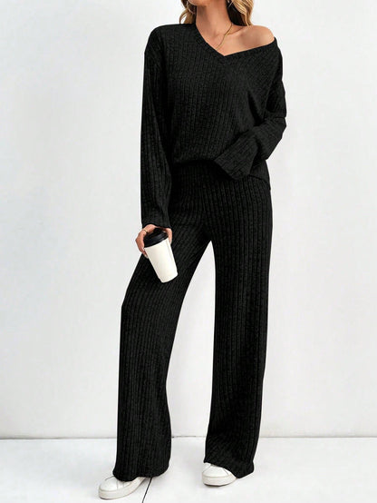 Women's Ribbed Knit V-Neck Top & Pants Two Piece Set