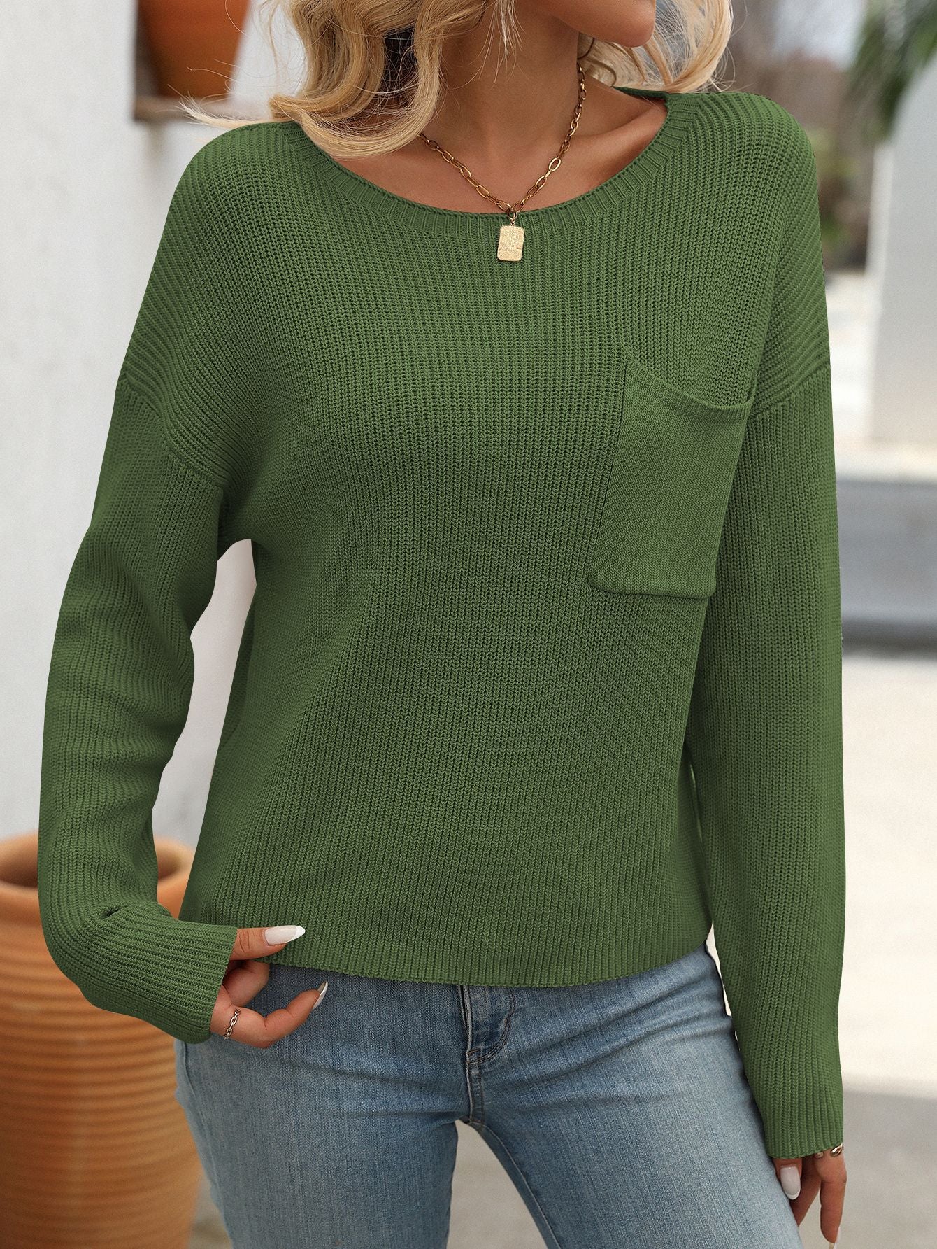 Soft Knit Crew Neck Long Sleeve Sweater with Pocket Detail