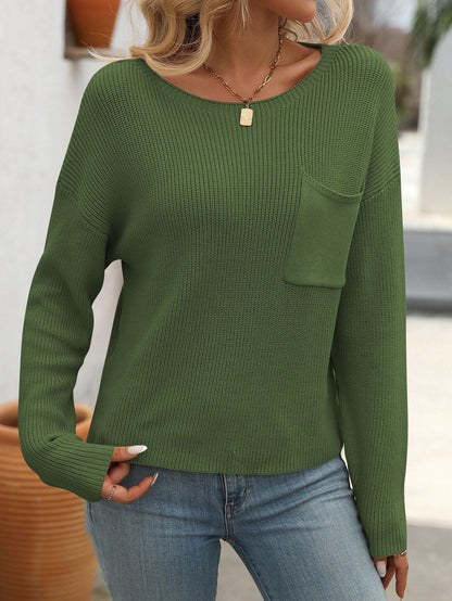 Soft Knit Crew Neck Long Sleeve Sweater with Pocket Detail