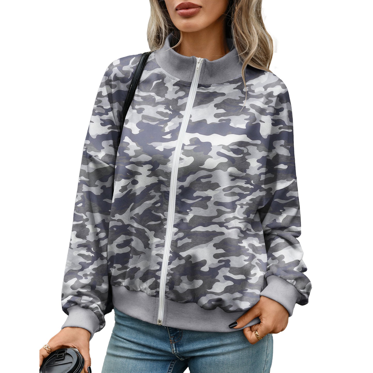 Women's Oversize Zip Up Printed Sweatshirt Mock Neck Ribbed