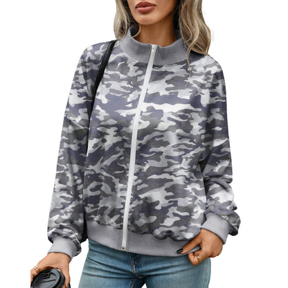 Women's Oversize Zip Up Printed Sweatshirt Mock Neck Ribbed