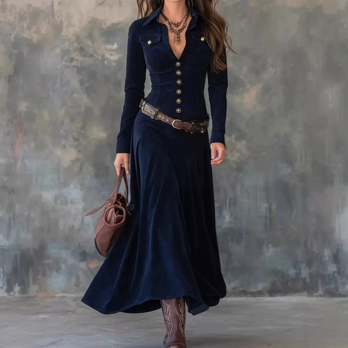 Velvet Western Maxi Shirt Dress Button Front Long Sleeve