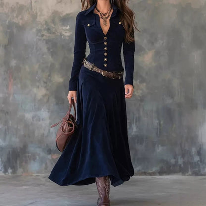 Velvet Western Maxi Shirt Dress Button Front Long Sleeve