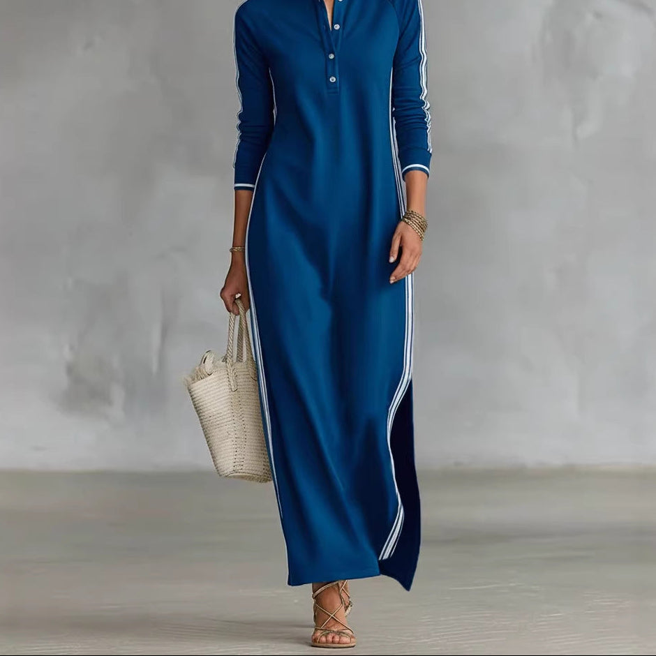 Women's Button Front Sweatshirt Maxi Dress Long Sleeve Slit
