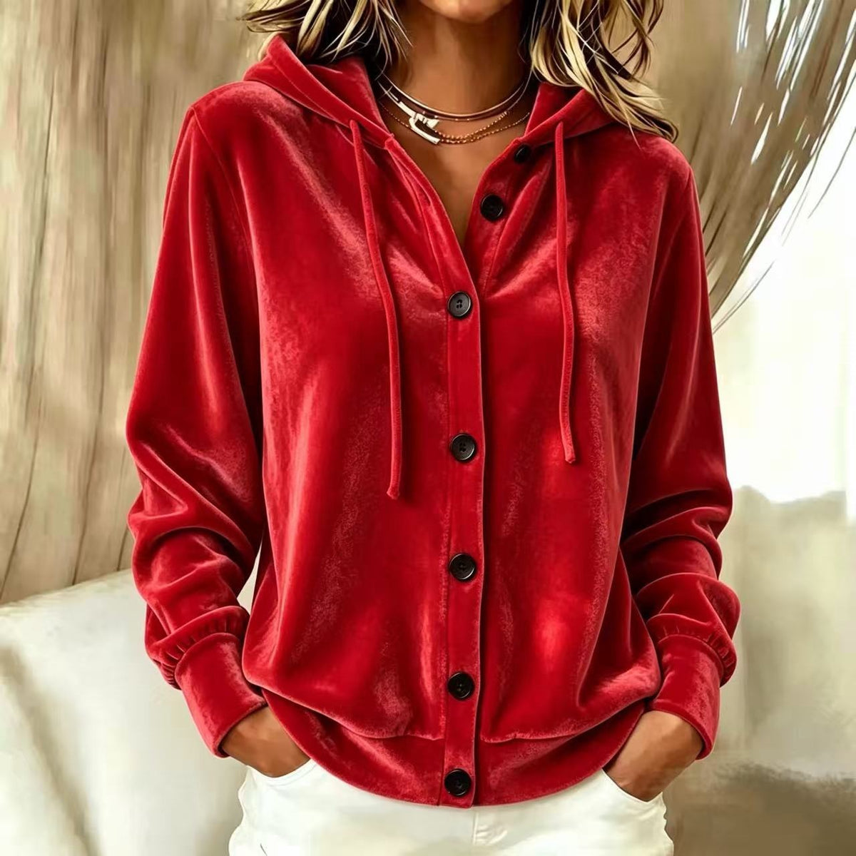 Women Velvet Hooded Button Cardigan Jacket Coat